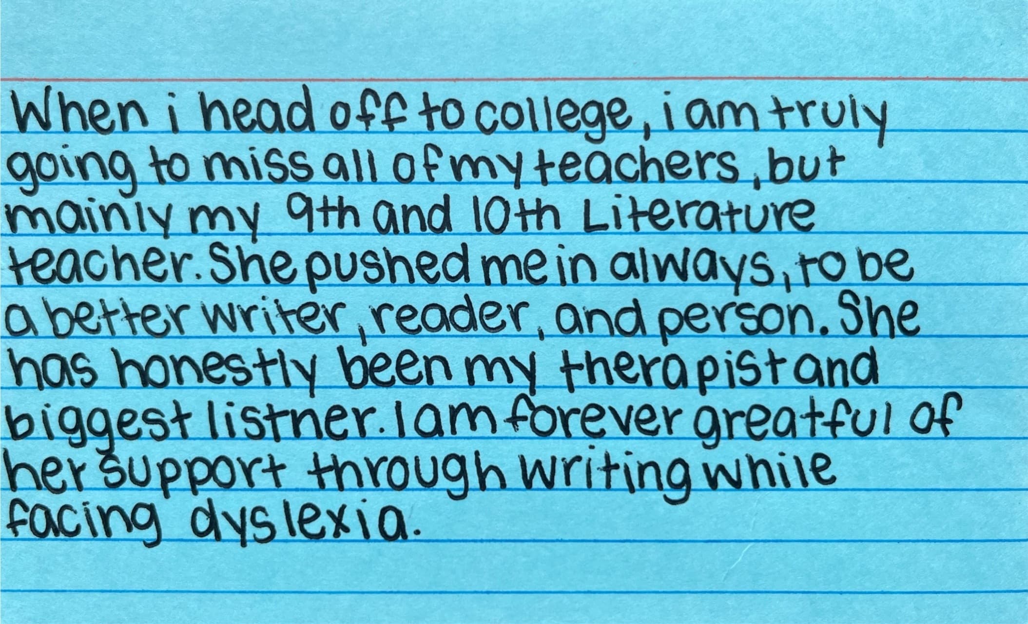 Handwritten card titled 'A teacher I'd be sad to leave'