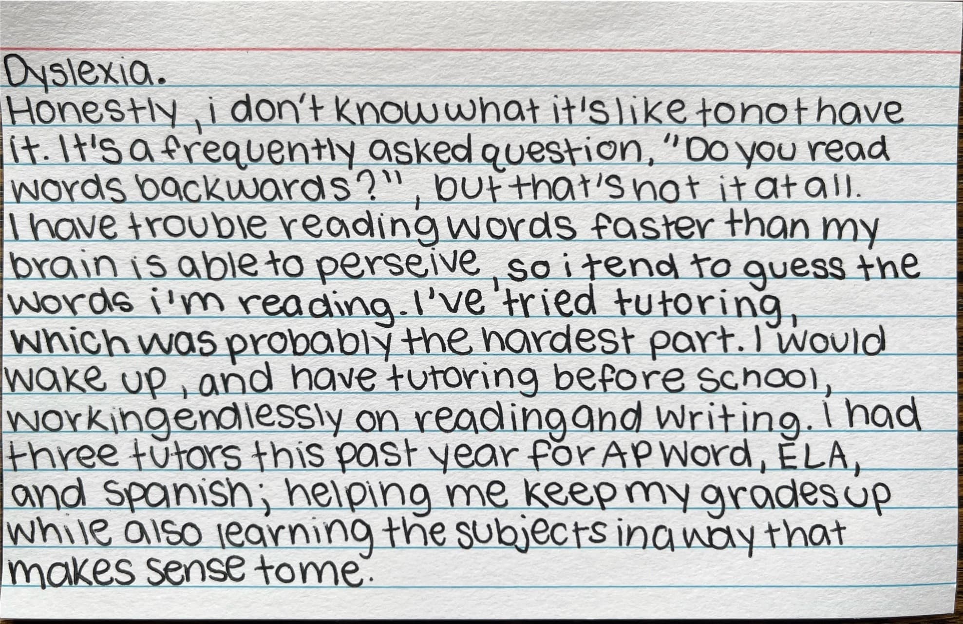 Handwritten card titled 'How I learn', about how Lyla's mind works and learning with dyslexia