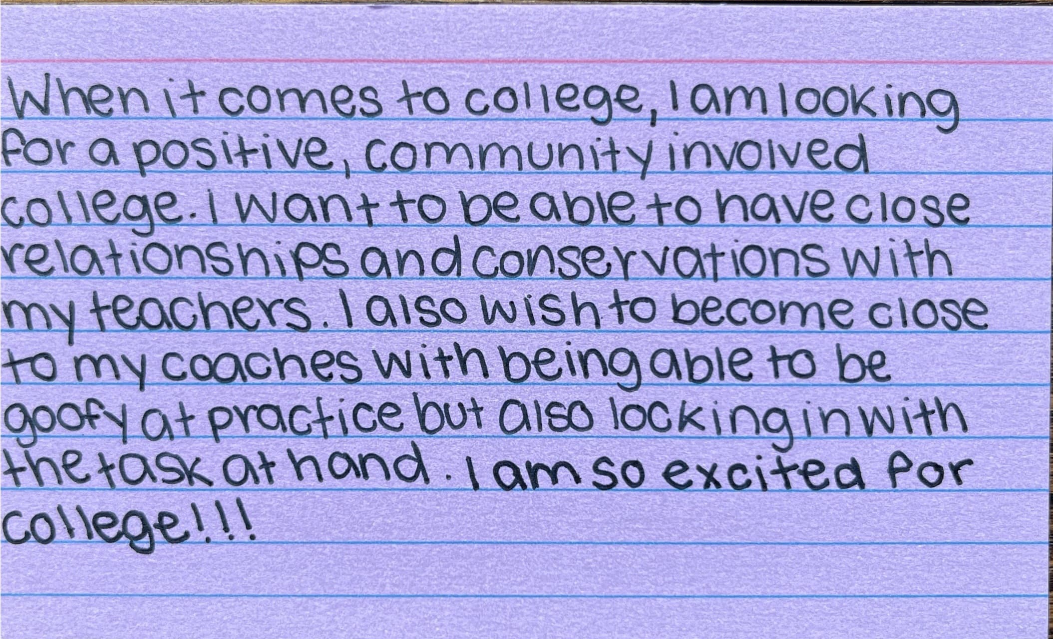 Handwritten card titled 'What I'm looking for in college'