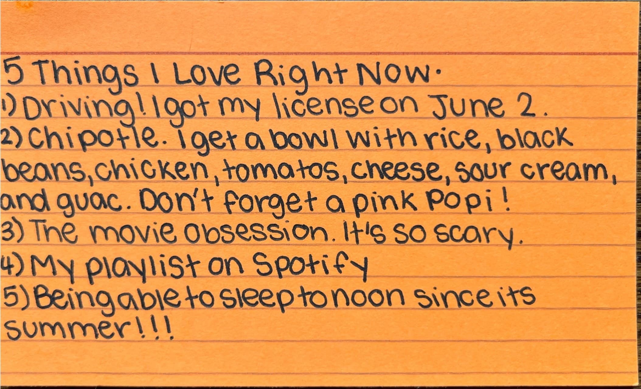 Handwritten card titled 'A few of my favorite things'